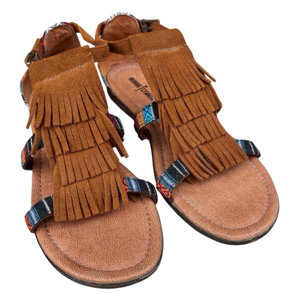 Minnetonka Tribal Maui Baz Brown Suede Fringe Gladiator Sandals Size 9